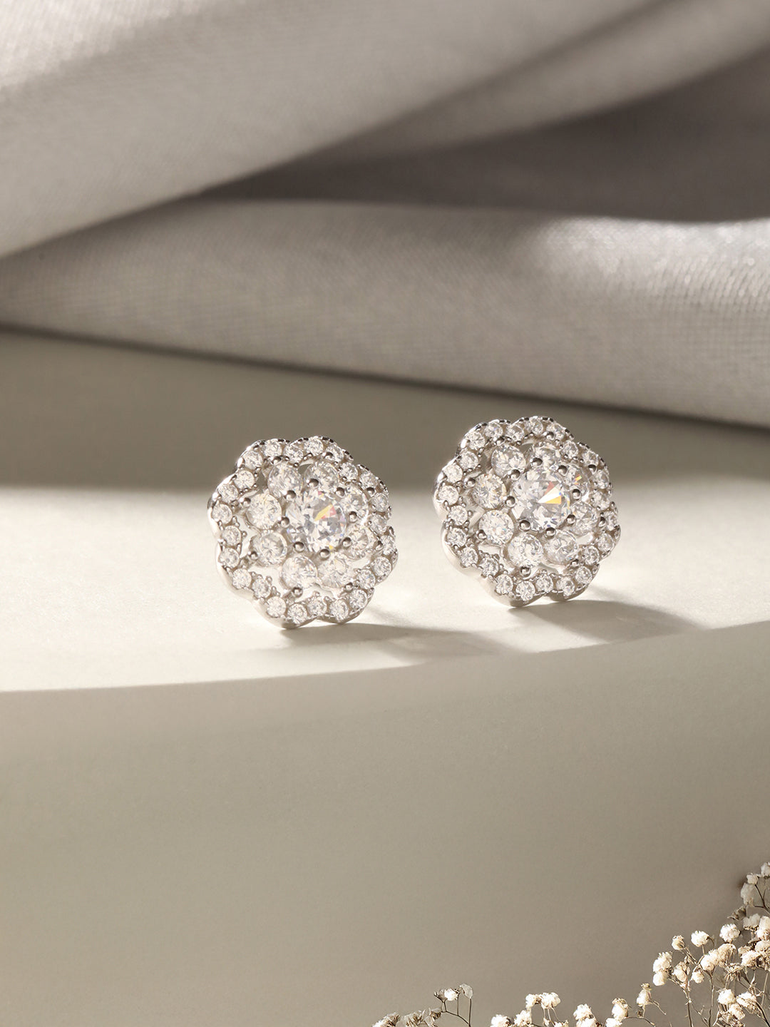 925 Sterling Silver Zircon Studded Floral Studds Earrings